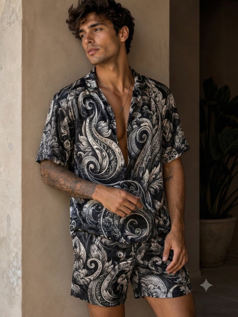 Black Paisley Satin Short Set Shirt loungewear Size large Mens Pajamas Chillwear